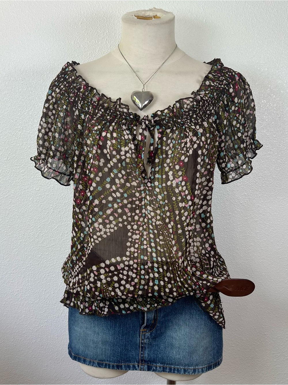 Sheer Brown Floral Peasant Blouse - Women's Top